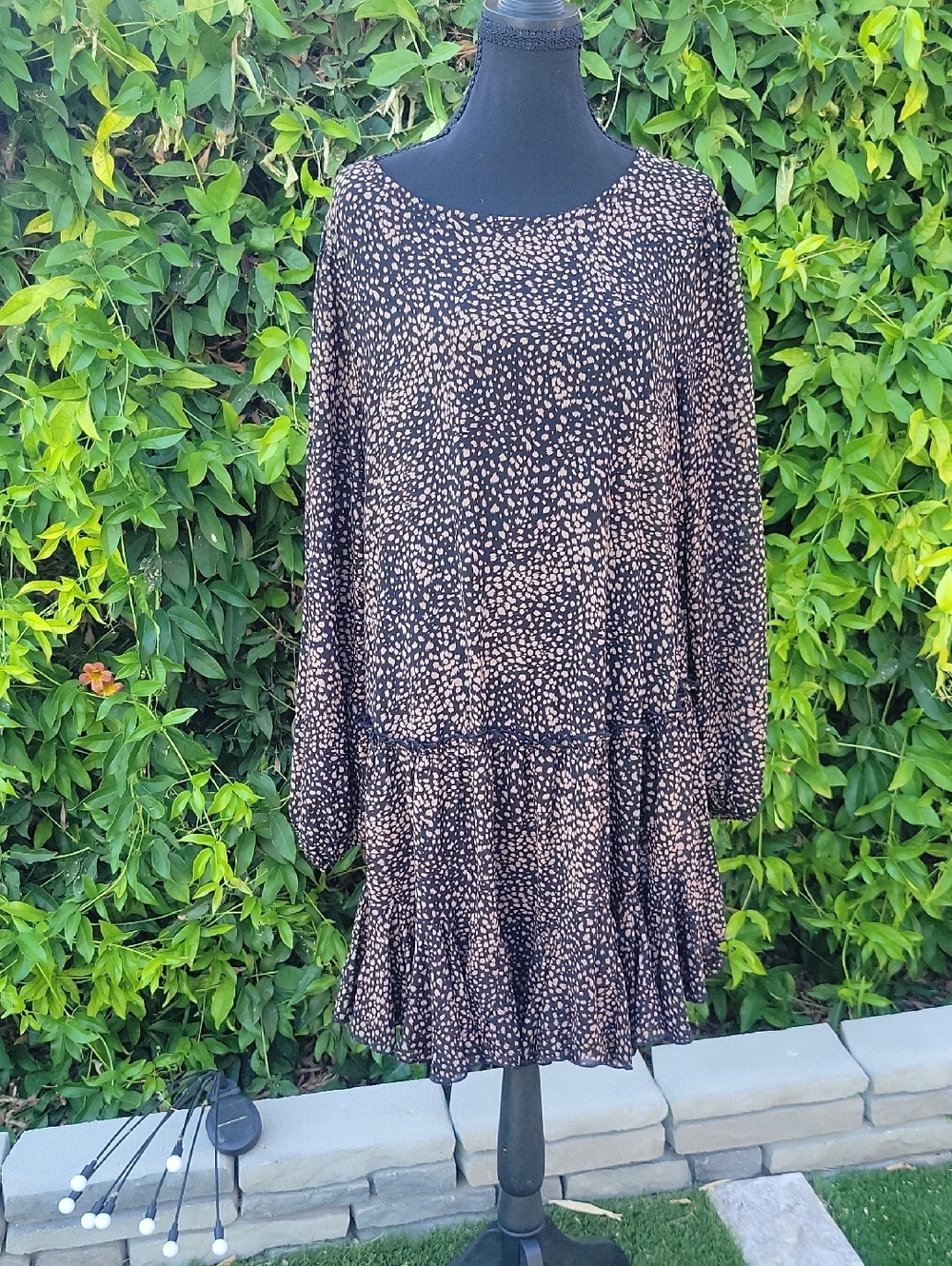 Black and Tan Speckled Sheer Long Sleeve Tiered Boho Whimsigoth Dress